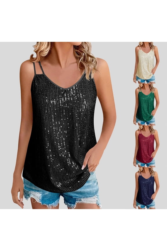 Womens Sequin Cami Shirts Glitter V Neck Spaghetti Strap Camisole Tops Spring Summer Trendy Sparkly Sleeveless Top