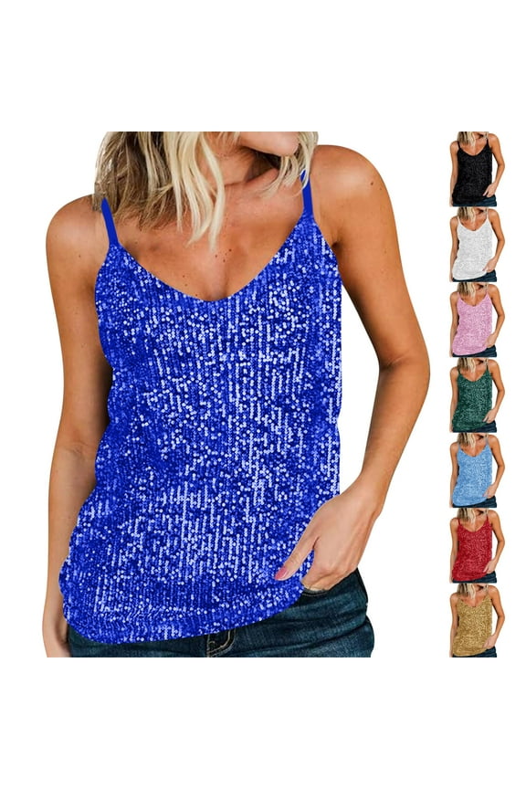 Womens Sequin Cami Shirts Tops Sleeveless Crew Neck Sparkly Shimmer Camisole Tops Summer Glitter Club Evening Party Top