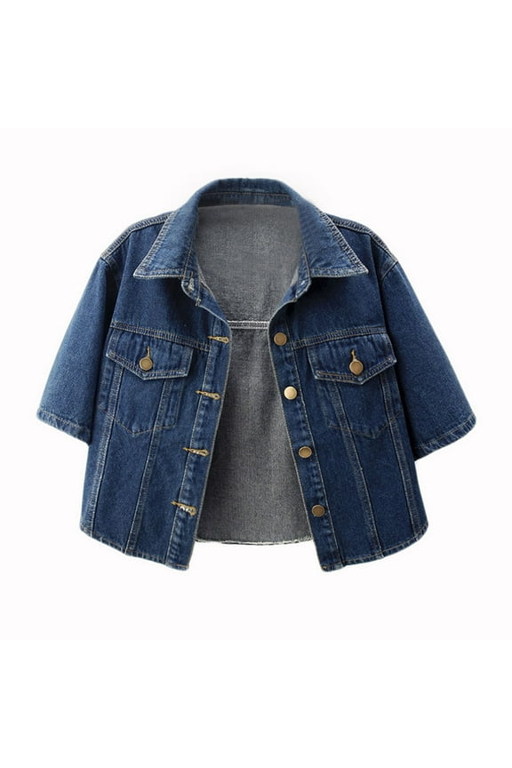 Womens Short Sleeve Denim Jacket Colloared Button Down Stretch Denim Jacket Fall Short Shawl Distressed Cropped Jean Jacket with Pockets