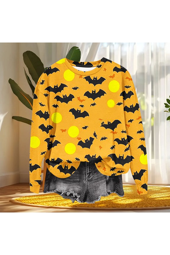 Womens Sweatshirt Halloween Sweatshirt Vintage Bat Sweatshirt Crew Neck Long Sleeve Pullover Tops Spooky Graphic Sweatshirts