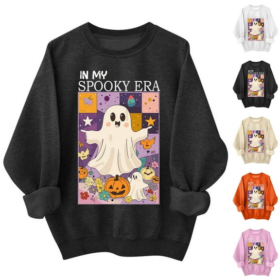 VKOYWKM Womens Sweatshirts Halloween Crew Neck Oversized Sweatshirt Cute Spooky Ghost Graphic Sweatshirts Long Sleeve Fall Pullover Halloween Tops