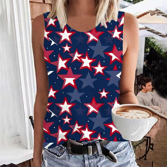 VKOYWKM Womens Tank Tops Loose Fit American Flag Print Tank Shirts Sleeveless Crew Neck Print Tank Shirts 4th of July Patriotic Memorial Day Tank Top