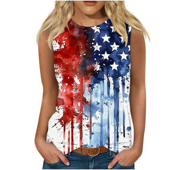 VKOYWKM Womens Tank Tops Loose Fit American Flag Print Tank Shirts Sleeveless Tops Patriotic Crew Neck Independence Day Tanks