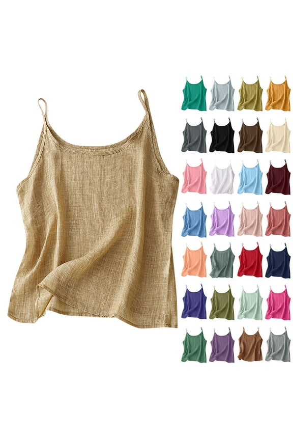 Womens Tank Tops Spaghetti Strap Cotton Linen Tops Scoop Neck Sleeveless Camisole Summer Loose Fit Casual Cami Top Plus Size