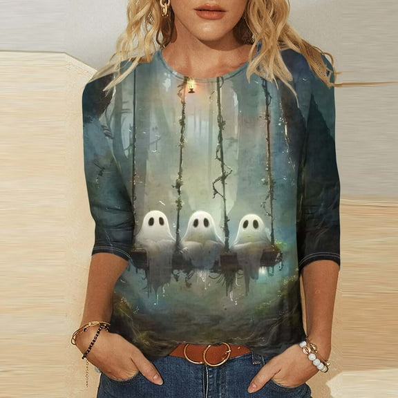 VKOYWKM Womens Tops 3/4 Sleeve Halloween Shirts Pumpkin Ghost Graphic T Shirts Loose Fit Crew Neck T-Shirts Halloween Costumes