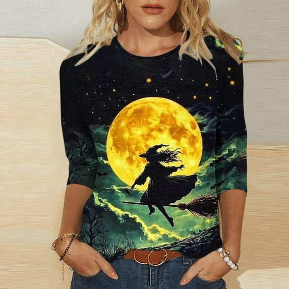VKOYWKM Womens Tops 3/4 Sleeve Halloween Shirts Vintage Witch Graphic T Shirts Fall Crew Neck Loose Fit Halloween Costume Blouses