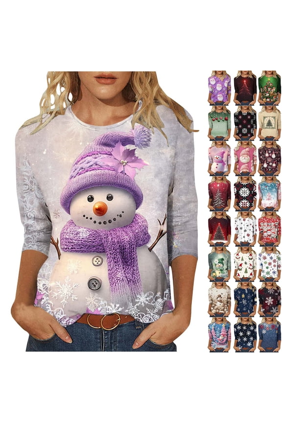 Womens Tops Christmas 3/4 Sleeve T-Shirt Fall Christmas Tree Graphic Tees Merry Xmas Crew Neck Holiday Top Christmas Shirts
