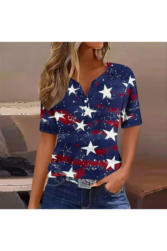 Womens Tops July 4th T Shirt Red White and Blue Print T Shirts Short Sleeve Casual Summer Top Patriotic Button V Neck Independence Day T-Shirts
