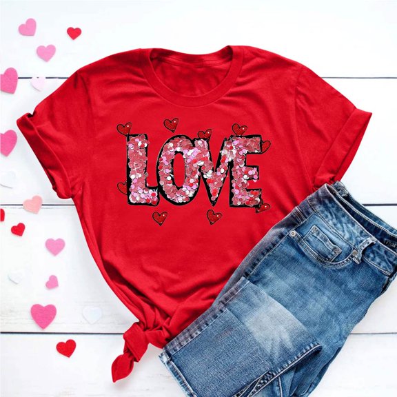 VKOYWKM Womens Valentine T-Shirts Heart Graphic Tees Cute Tops Short Sleeve Loose Fit Spring T-Shirt Crew Neck Holiday Party Shirts