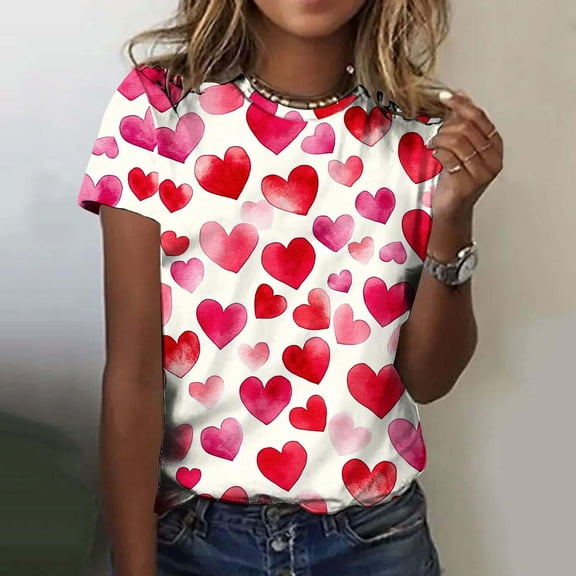 VKOYWKM Womens Valentine T Shirts Heart Graphic Tees Short Sleeve Crew Neck Holiday T-Shirts Valentines Day Gifts