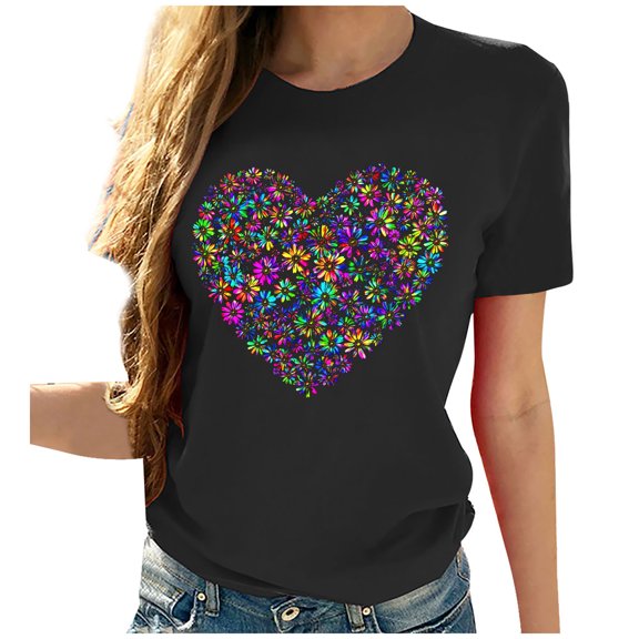VKOYWKM Womens Valentine Tops Heart Graphic Tees Short Sleeve Casual Spring Tops Hoiday Crew Neck Loose Fit Valentine T-Shirts