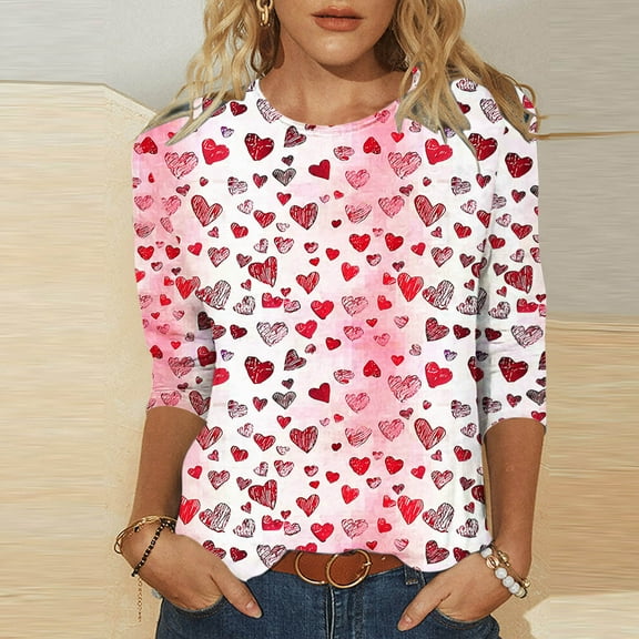 VKOYWKM Womens Valentine Tshirts Romantic Love Graphic Tees 3/4 Sleeve Casual Crew Neck Holiday Tops Classic Valentine Cute Clothes