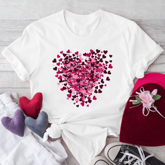 VKOYWKM Womens Valentine's Day Tshirts Heart Print Tees Short Sleeve Loose Fit Holiday Tops Spring T-Shirt Casual Crew Neck Romantic Valentine T-Shirts