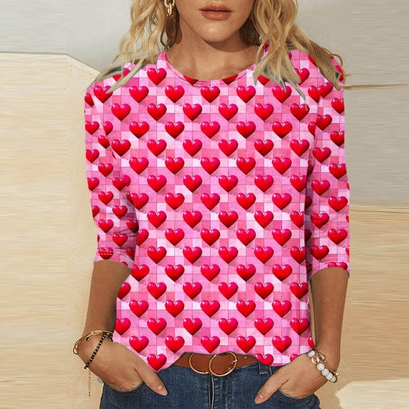 VKOYWKM Womens Valentine's Day Tshirts Romantic Love Heart Graphic Tees 3/4 Sleeve Casual Spring Tops Hoiday Crew Neck Loose Fit Valentine T-Shirts