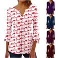thumbnail image 1 of VKOYWKM Womens Valentine's Day Tunic Tops 3/4 Bell Sleeve Button V Neck Henley Shirts Love Heart Graphic Tees Pleated Empire Waist Hide Belly Blouses for Women Dressy Casual, 1 of 6
