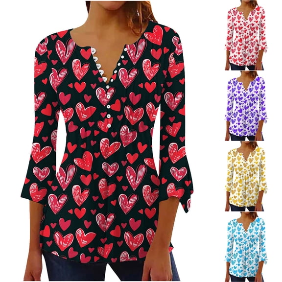 VKOYWKM Womens Valentine's Day Tunic Tops Love Heart Graphic Tees 3/4 Bell Sleeve Button V Neck Henley Shirts Pleated Empire Waist Hide Belly Blouses for Women Dressy Casual