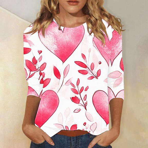 VKOYWKM Womens Valentine's T Shirts Cute Graphic Tees Valentine 3/4 Sleeve Tops Holiday Crew Neck Valentines Day Heart Blouses