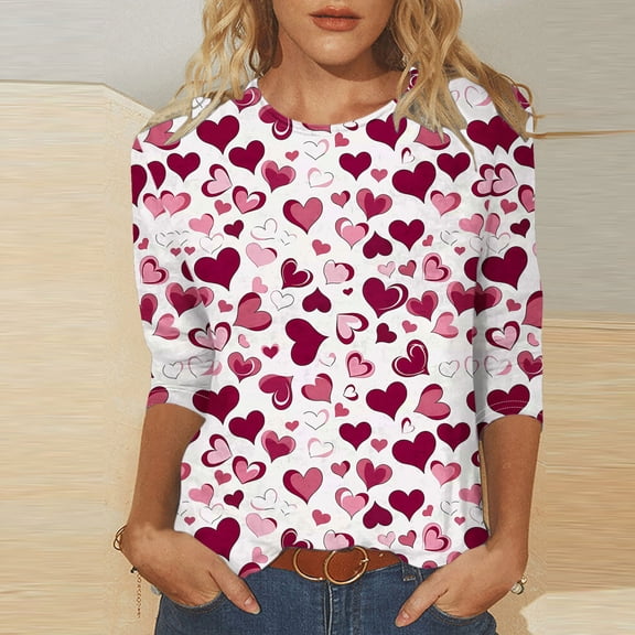 VKOYWKM Womens Valentine's T Shirts Romantic Heart Graphic Tees 3/4 Sleeve Casual Spring Tops Hoiday Crew Neck Loose Fit Valentine T-Shirts