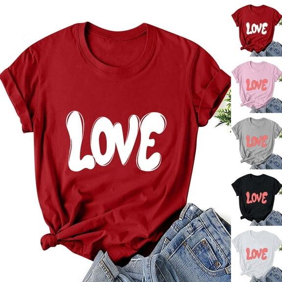 VKOYWKM Womens Valentine's T Shirts Romantic Love Graphic Tees Valentine Gift Top Short Sleeve Casual Crew Neck Holiday Tshirts
