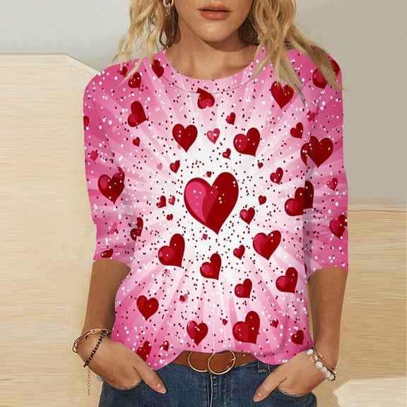 VKOYWKM Womens Valentines Day T Shirts 3/4 Sleeve Tops Heart Graphic Tees Holiday Crew Neck Loose Fit Valentine Shirt Tunic Tops