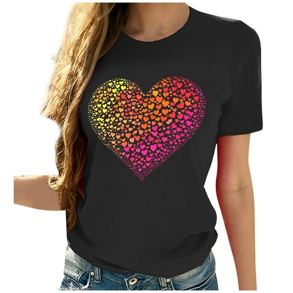 VKOYWKM Womens Valentines Day Tops Heart Graphic Tees Valentine Holiday Tops Crew Neck Loose Fit Family Party Tees Spring Fashion