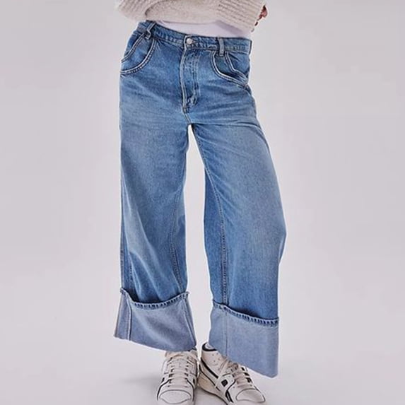 VKOYWKM Womens Wide Leg Jeans Fashion Denim Pants Button Mid Waisted Jeans Loose Boyfriend Jeans Baggy Distressed Jeans with Pockets