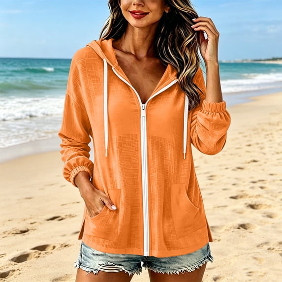 VKOYWKM Zip Up Hoodies for Women Long Sleeve Drawstring Lightweight Jacket with Pockets Gauze Casual Hoodie Sweatshirt Breathable Comfy Beach Cover Up