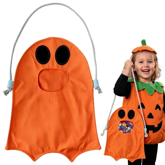 VKQNRGS 1Pc Halloween Ghost Treat Bag,Cloth Candy Tote Bag with Handle,Trick or Treat Goody Bag for Halloween Party Holiday Candy Gift Carry,16.5 x 11.73 Inches
