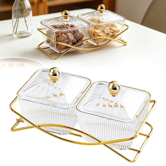 VKQNRGS Set of 2 Clear Serving Bowls with Lid and Gold Basket Tray, Removable Nut Serving Platter Snack Box for Chips, Charcuterie, Fruits, Candy and Condiments