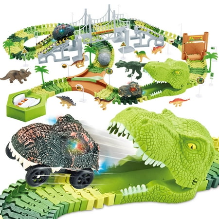 VKZON 137pcs Dinosaur Cars Toy Race Track,STEM Vehicle Green Railway With 2 Mini Electric Racing Car Light & Sounds,Create A Dinosaur Playset Gift For Boys & Girls