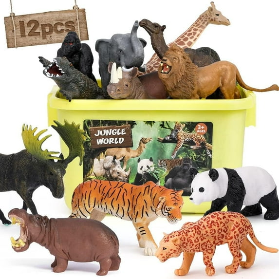 VKZON Animal Figure Toys Safari Figurines, Plastic African Animals Educational Learning Playset with Elephant, Giraffe, Lion, Tiger for Kids Toddlers Children Age 3-8