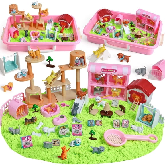 VKZON Cat And Dog Sand Box,Sensory Bin Sand Play Box W/ Magic Wet Sand,Animal Figures Pet Care Prtend Role Play Toys For Boys Girls 3 4 5 6 7 8