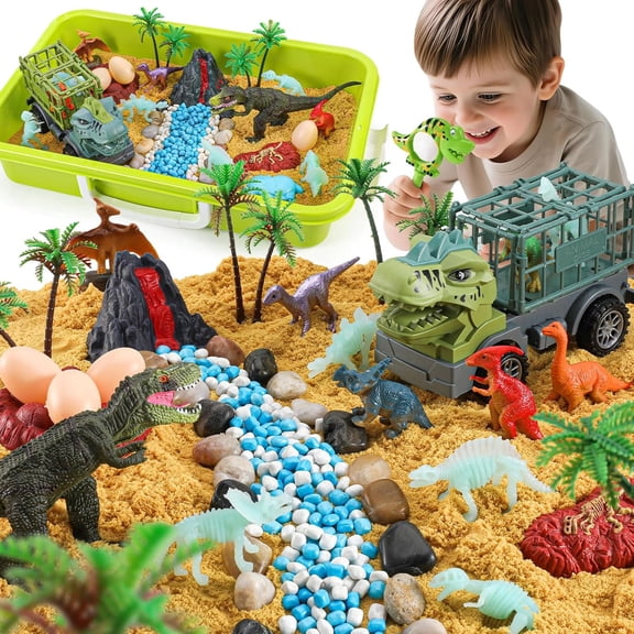 VKZON Dinosaur Sensory Bin Toys,Play Sand Art Kit with 2.2lbs Sensory Play Sand,Glow in The Dark Dinosaurs,Dino Magnifying Glass and Sandbox,Learning Toys for Kids