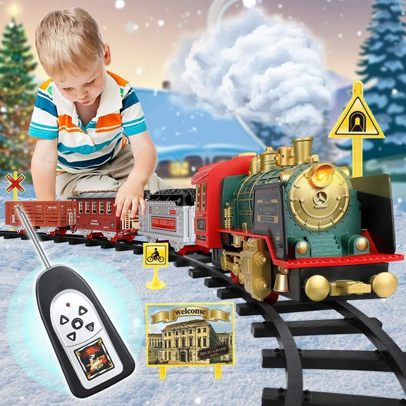 VKZON Remote Control Train Set,Lights And Sounds Railway w/ Steam Locomotive Engine Rechargeable Electric Train Toy, RC Cargo Cars For Age 3 4 5 6 + Kids Boys Girls