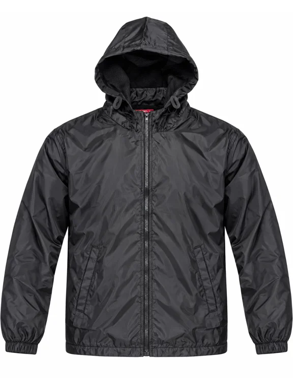 Men's Hooded Nylon Full Zip Mesh Lined Lightweight Windbreaker Jacket, Black, XL