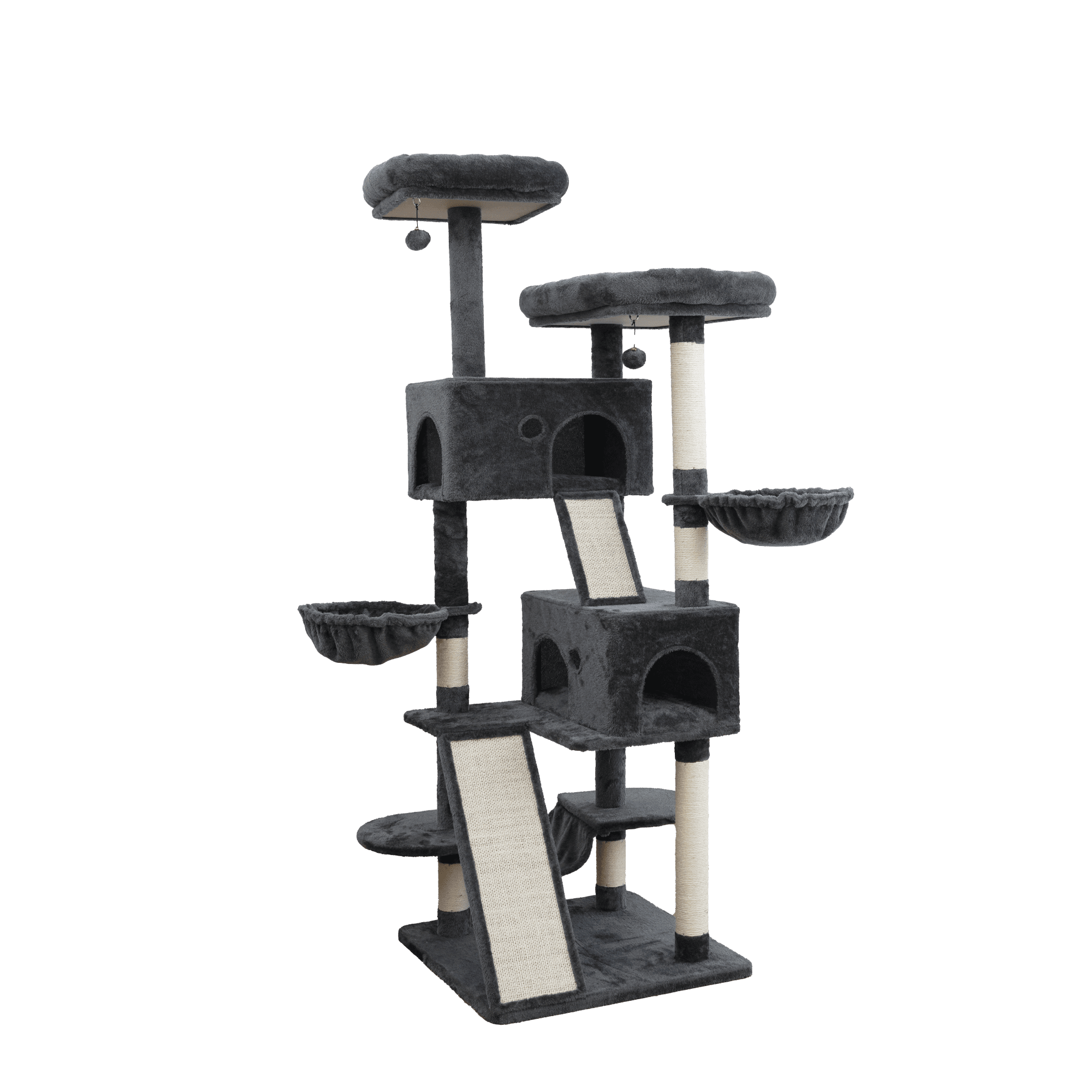 Vibrant Life Heavy Duty 8-Level 66" Cat Tree with Two Condos, Scratching Ramps, and Hammocks, Dark Gray