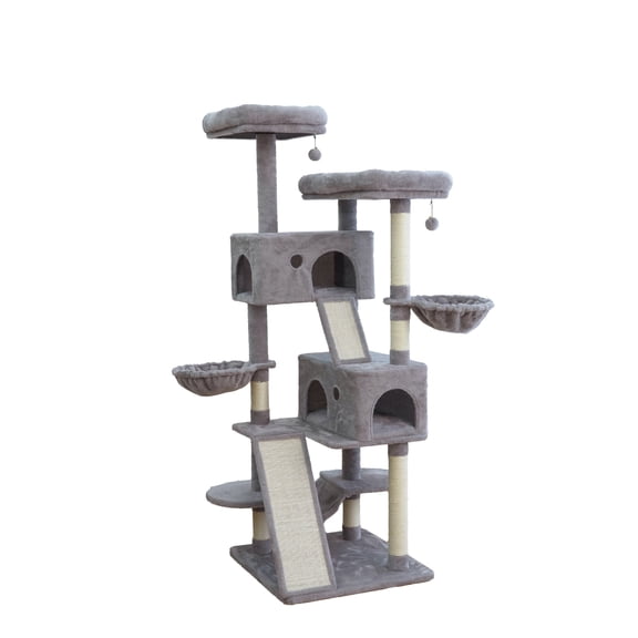 Vibrant Life Heavy Duty 8-Level 66" Cat Tree with Two Condos, Scratching Ramps, and Hammocks, Light Gray