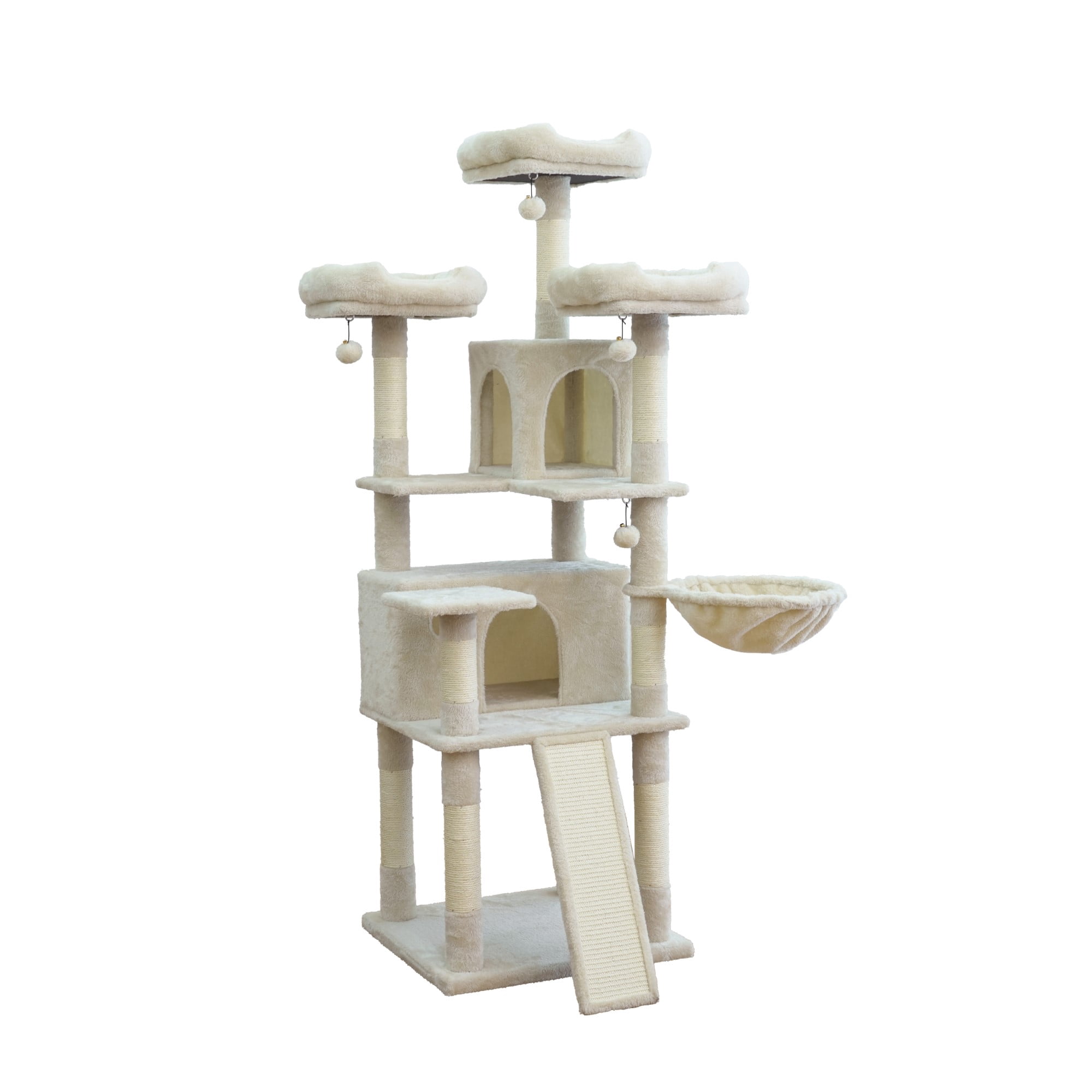 Vibrant Life Heavy Duty 7-Level 67" Cat Tree with Scratch Ramp, Hammock, and Two Condos, Beige