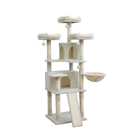 Vibrant Life Heavy Duty 7-Level 67" Cat Tree with Scratch Ramp, Hammock, and Two Condos, Beige