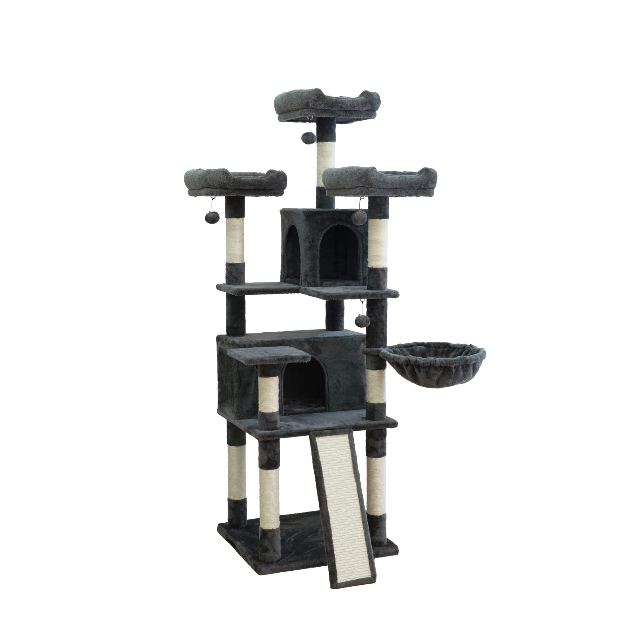 Vibrant Life Heavy Duty 7-Level 67" Cat Tree with Scratch Ramp, Hammock, and Two Condos, Dark Gray