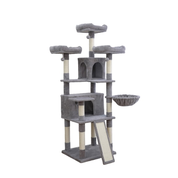 Vibrant Life Heavy Duty 7-Level 67" Cat Tree with Scratch Ramp, Hammock, and Two Condos, Light Gray