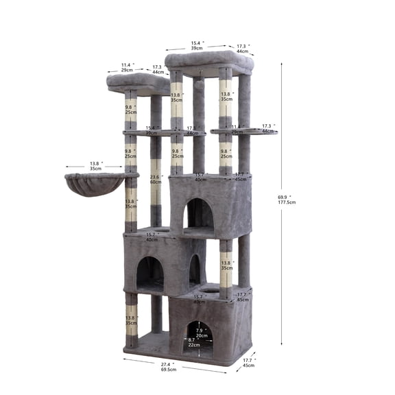 Vibrant Life Heavy Duty 7-Level 70" Cat Tree with Three Condos and Hammock, Light Gray