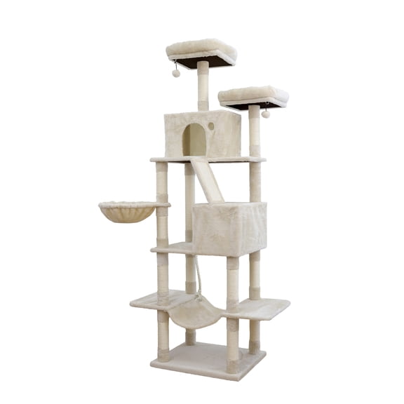 Vibrant Life Heavy Duty 7-Level 81" Cat Tree with Two Condos and Hammock, Beige