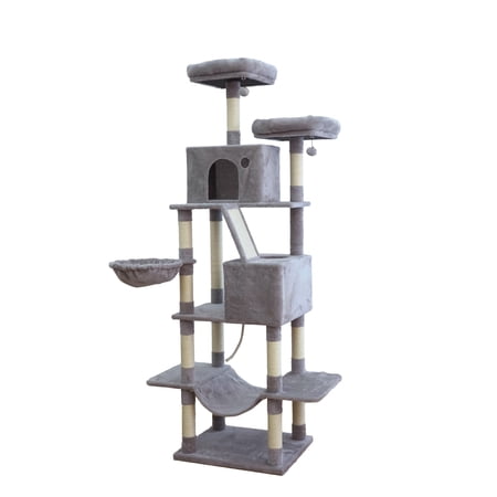 Vibrant Life Heavy Duty 7-Level 81" Cat Tree with Two Condos and Hammock, Light Gray