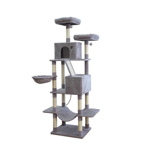 Vibrant Life Heavy Duty 7-Level 81" Cat Tree with Two Condos and Hammock, Light Gray