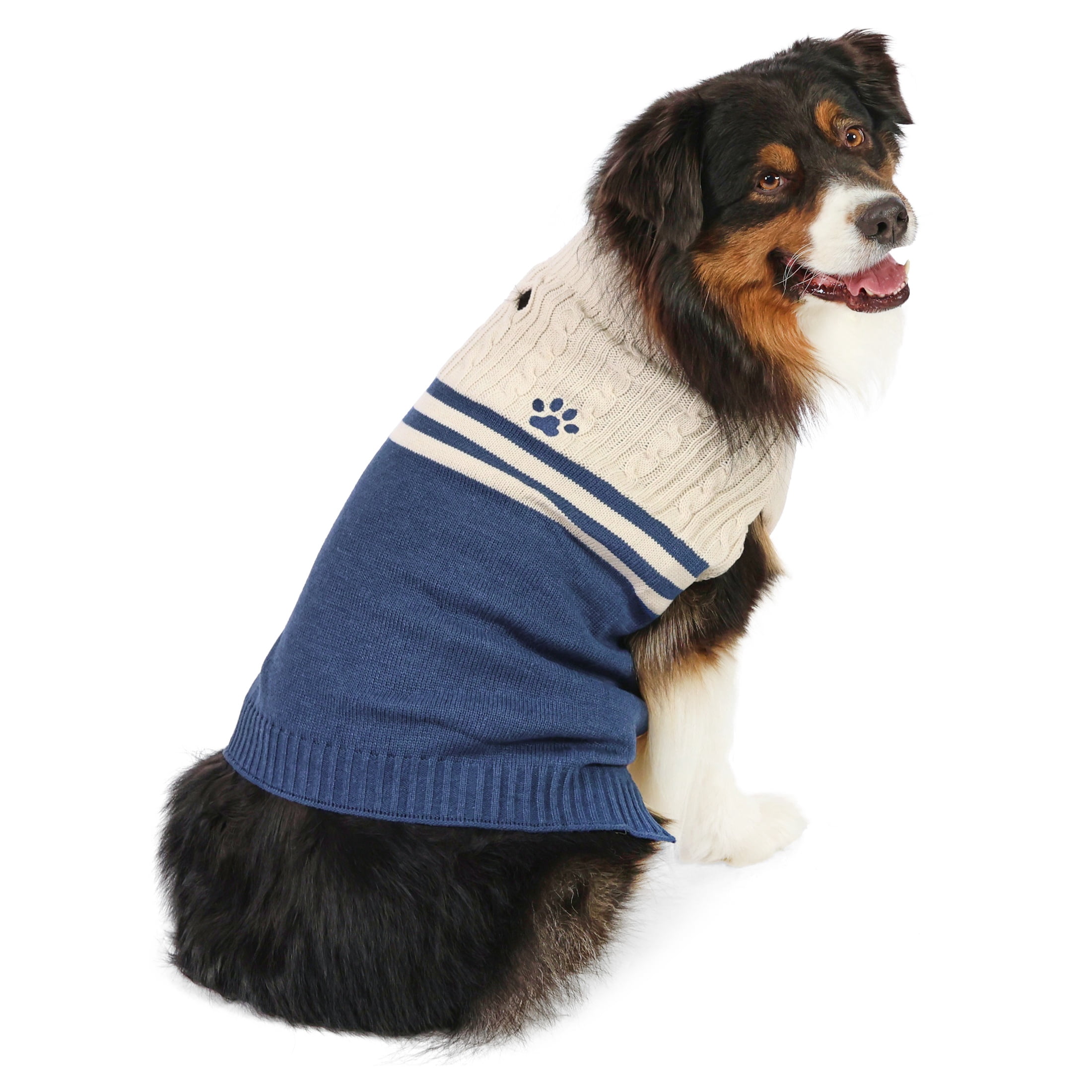 Vibrant Life Cable Knit Sweater for Dogs, Paw Print, Cream and Navy, L