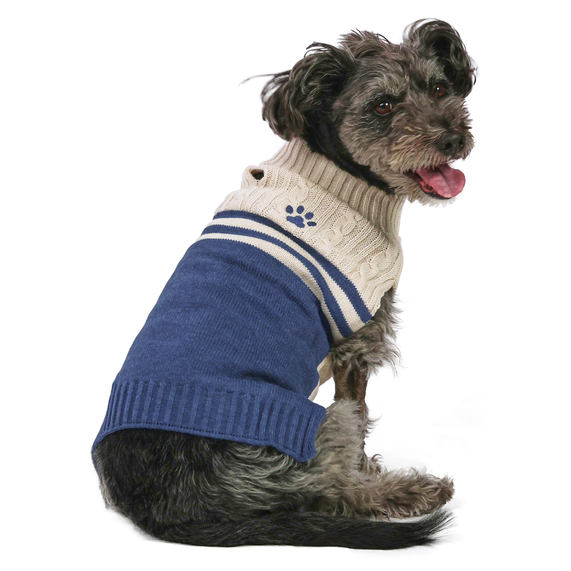 Vibrant Life Cable Knit Sweater for Dogs, Paw Print, Cream and Navy, M