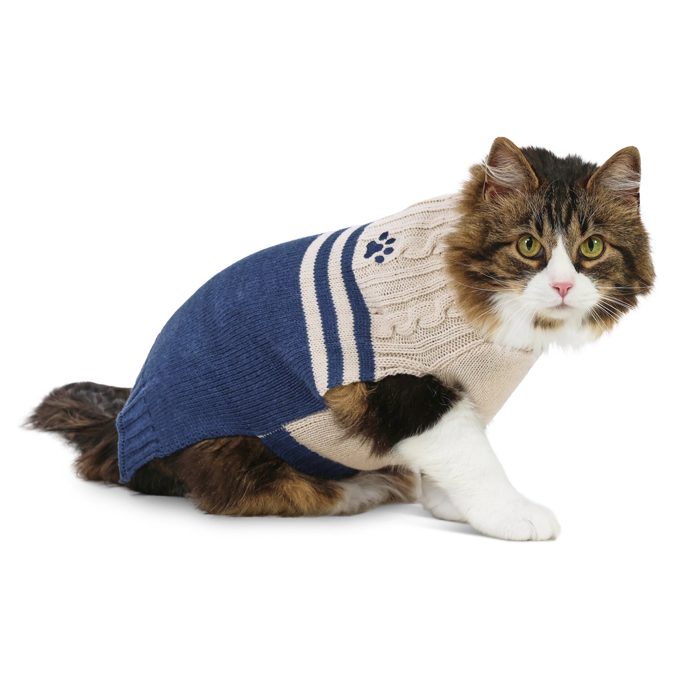 Vibrant Life Cable Knit Sweater for Dogs and Cats, Paw Print, Cream and Navy, S