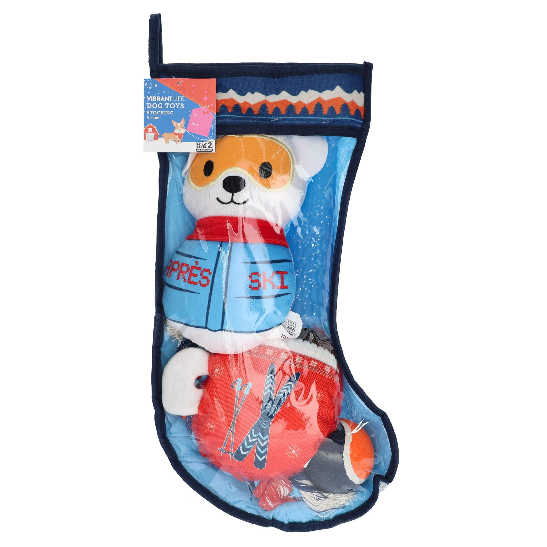 Vibrant Life Holiday Dog Toys Stocking, Blue, 5 Pieces