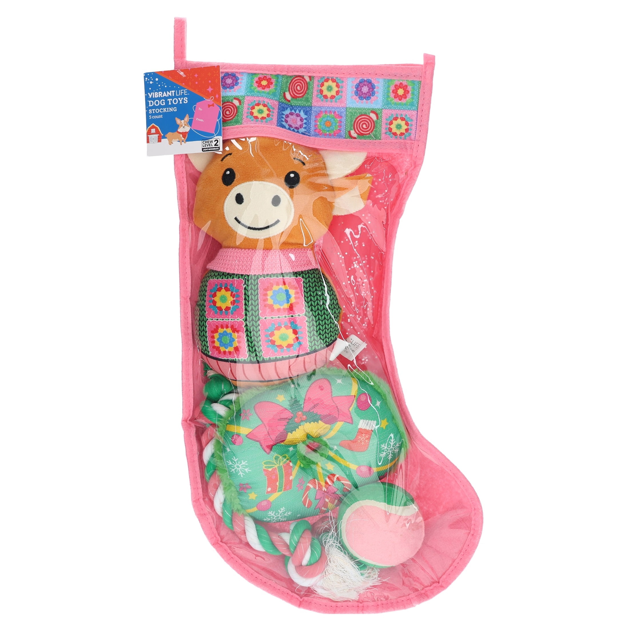 Vibrant Life Holiday Dog Toys Stocking, Pink, 5 Pieces